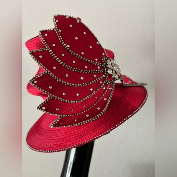 Donna Vinci Couture Red Two Tier Hat with Rhinestones - Picture 7 of 13